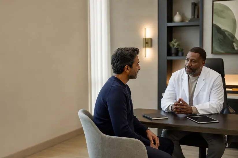 Adults discussing a sexual-health concern in a consultation
