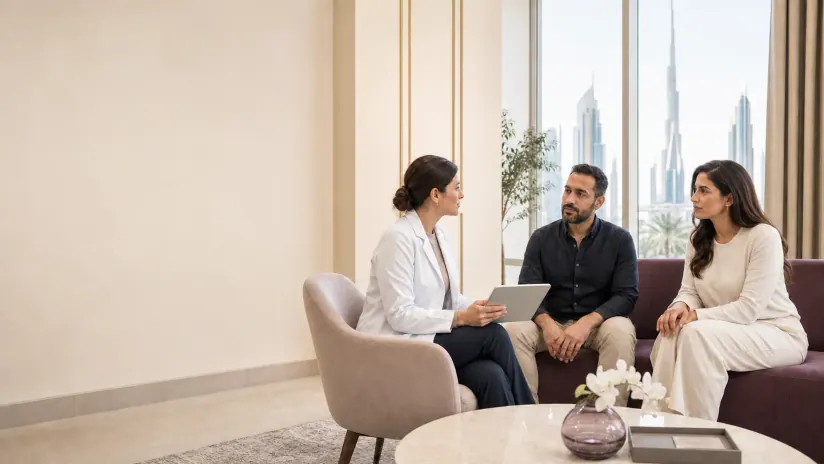 Adult discussing symptoms during a health consultation
